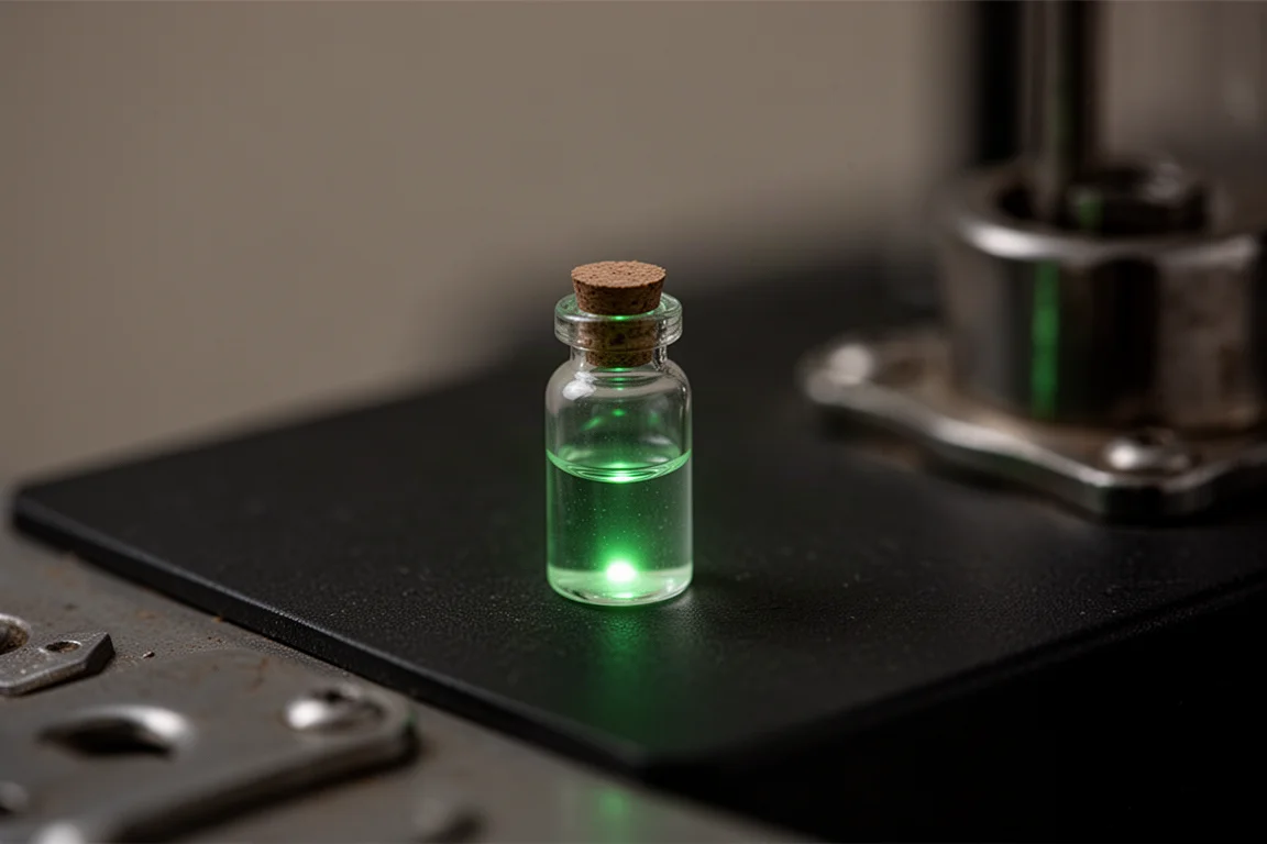 Un vial de tritio verde brillando suavemente en total oscuridad sobre una superficie oscura