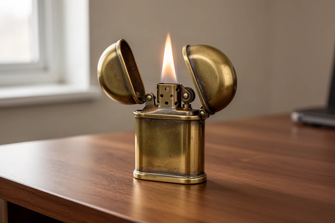 Un encendedor estilo trinchera de latón con la tapa abierta mostrando una llama sobre un escritorio de madera