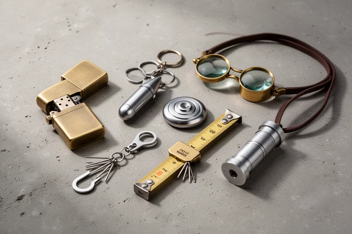 Flat-lay of unusual everyday carry items including a brass lighter, monocle, tape measure, and repair spool on concrete