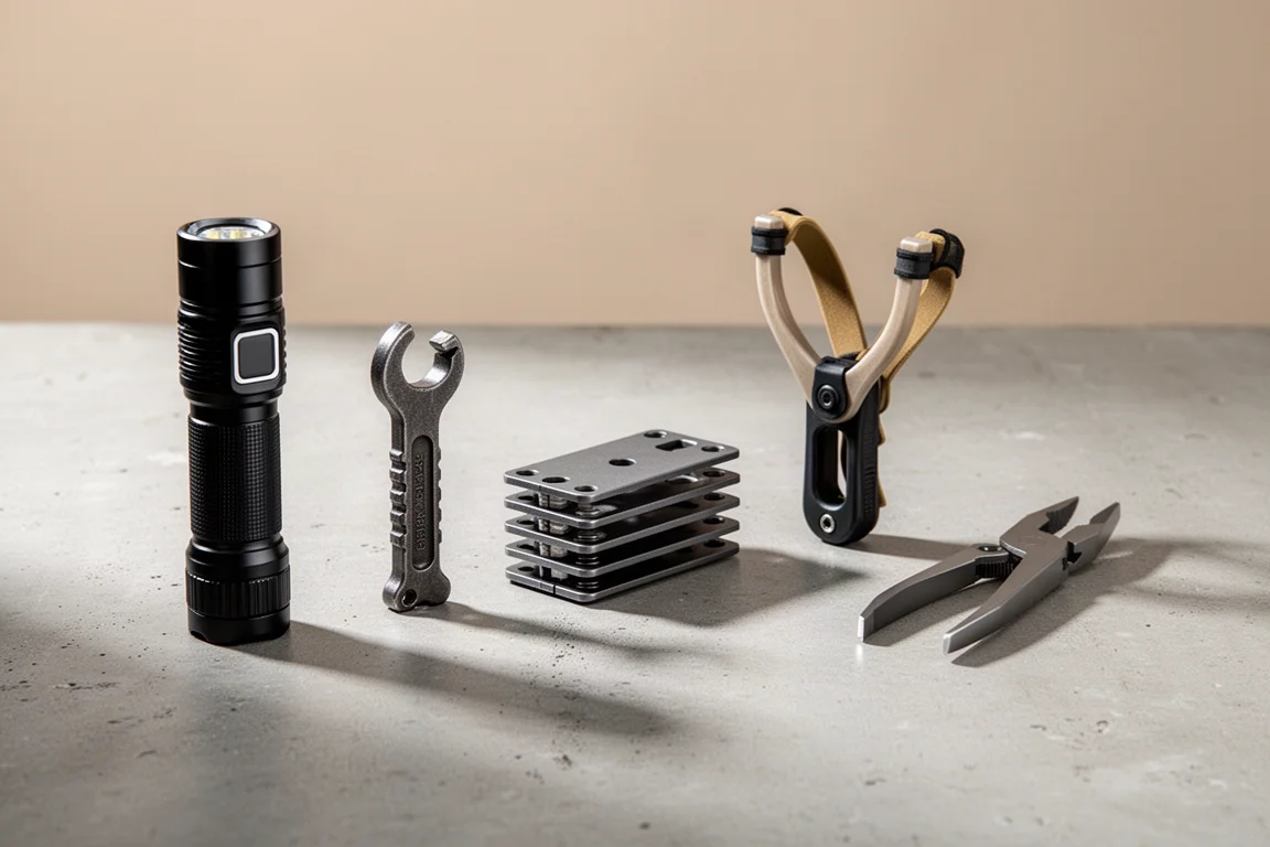 Five unusual EDC tools arranged in a row on a concrete surface