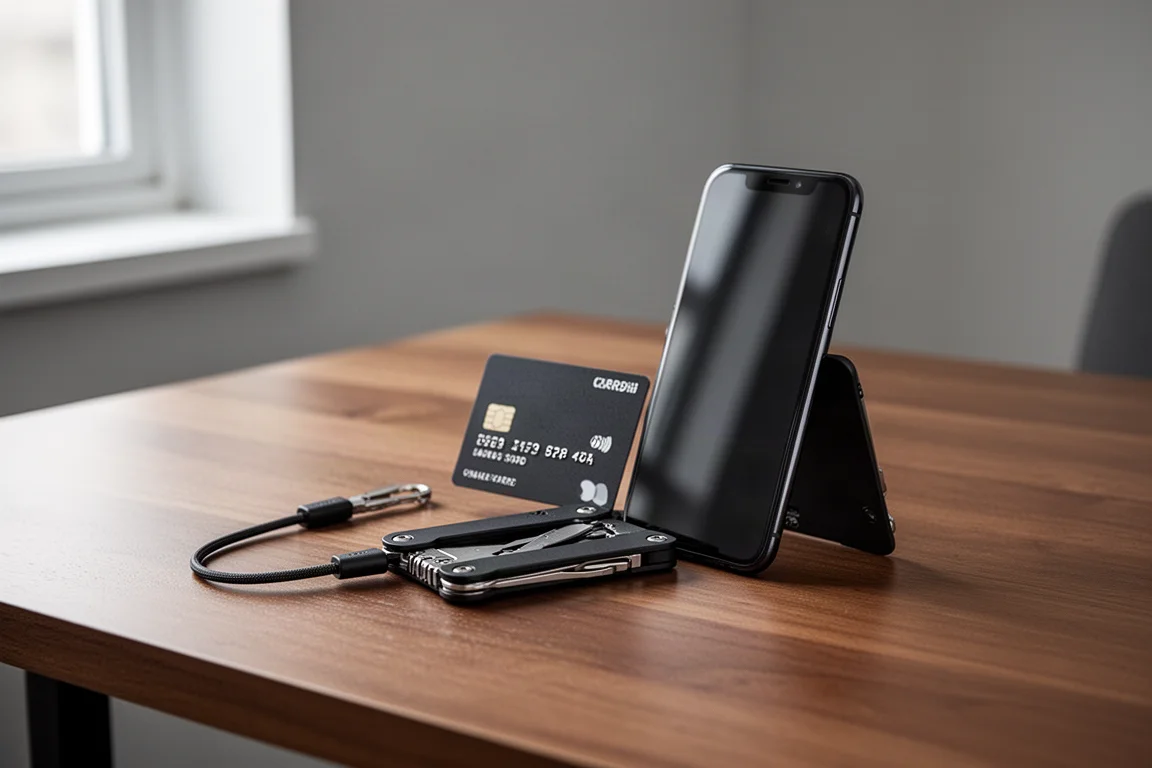 Kit multiherramienta negro del tamaño de una tarjeta de crédito desplegado sobre un escritorio de madera junto a un smartphone