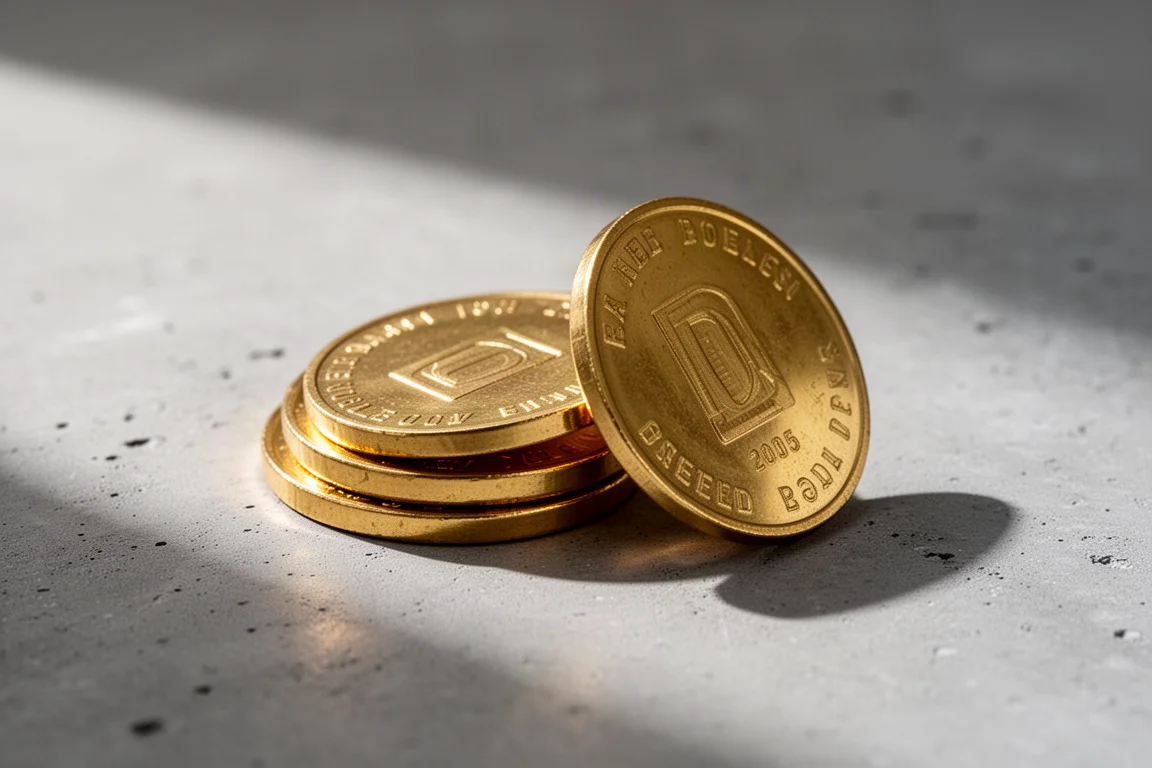 Monedas pesadas de latón apiladas sobre una superficie de hormigón con sombras suaves