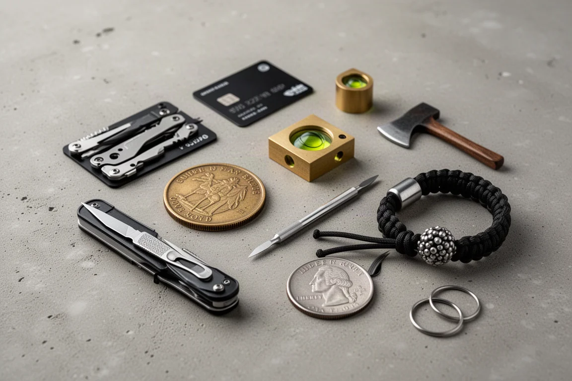 Collection of compact everyday carry tools arranged on a concrete surface