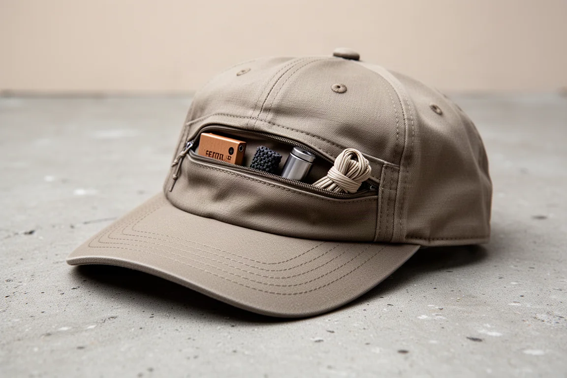 Visera de gorra de béisbol mostrando bolsillos ocultos y equipo pequeño