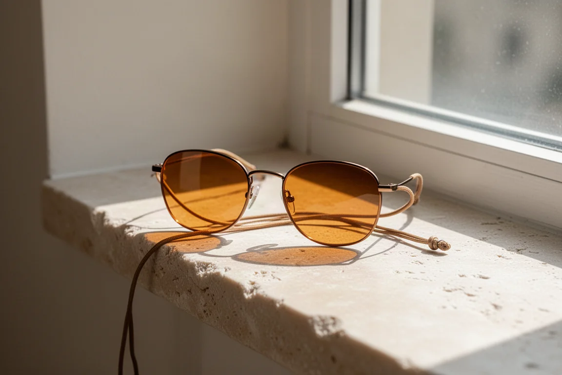 Gafas de sol sin patillas apoyadas en una repisa de piedra a la luz del día