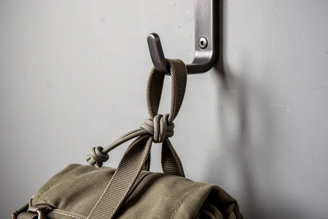 Correa de mochila sujetada con una lazada de tela blanda a un gancho metálico