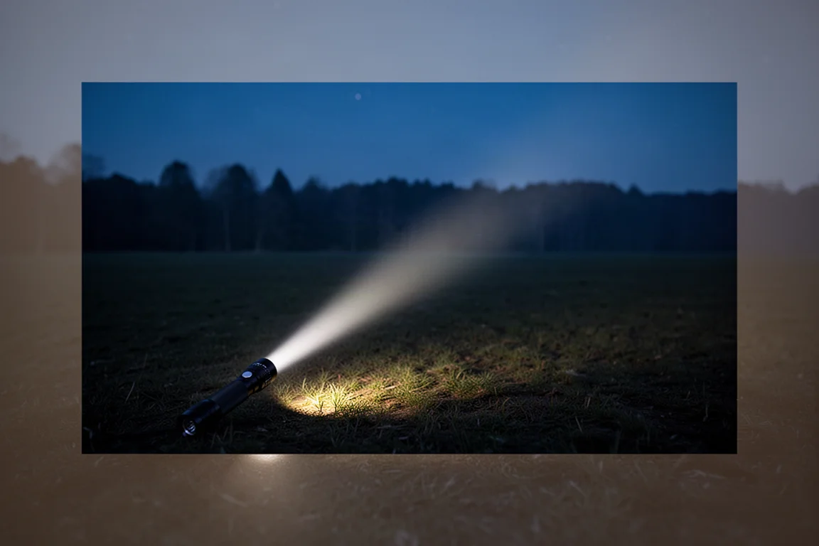 Smal ficklampa som skär genom ett mörkt fält på natten