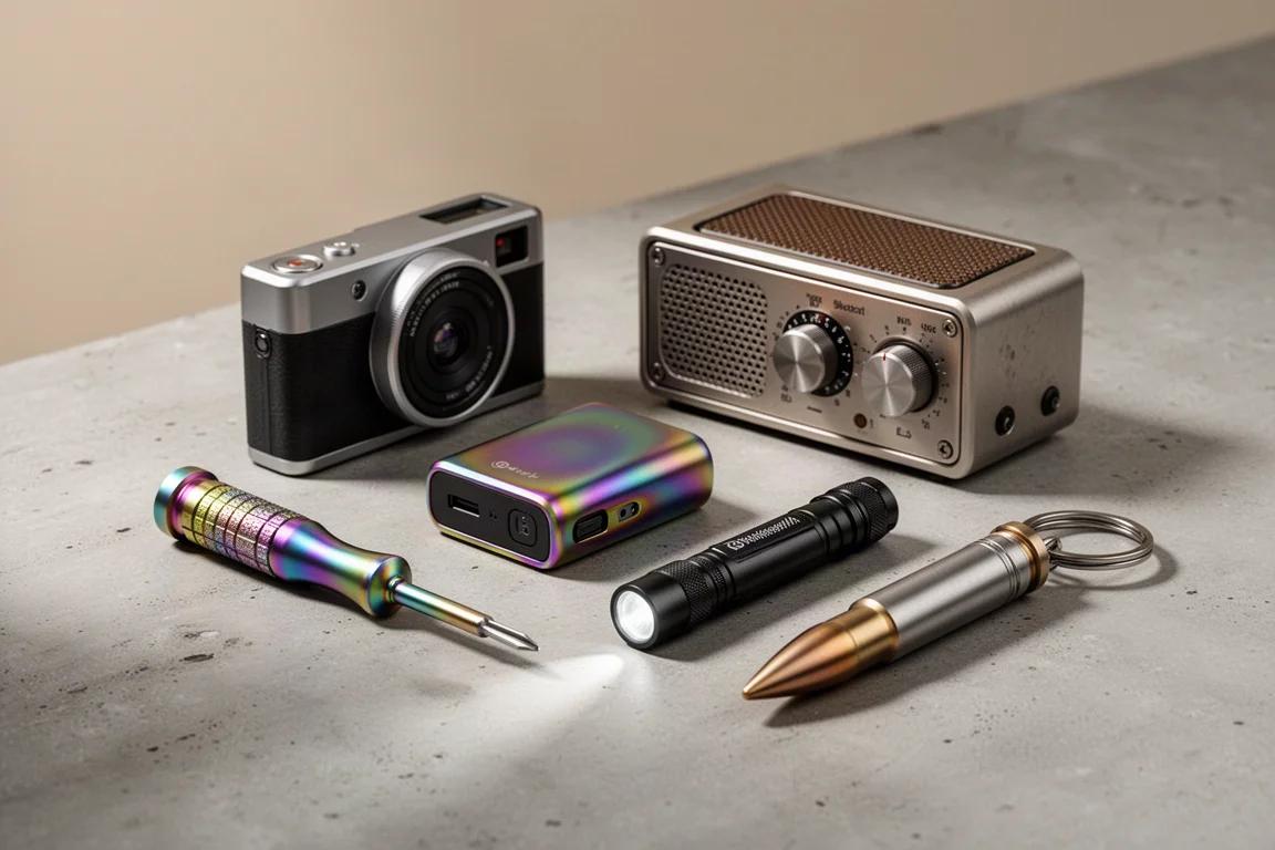 Collection of everyday carry gadgets including a titanium screwdriver, power bank, flashlight, speaker, and keyring on a concrete surface