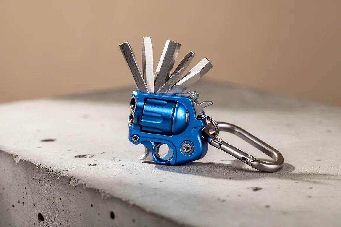 Pequeno multi-tool de chaveiro em titânio com cilindro de ferramentas estilo revólver sobre concreto