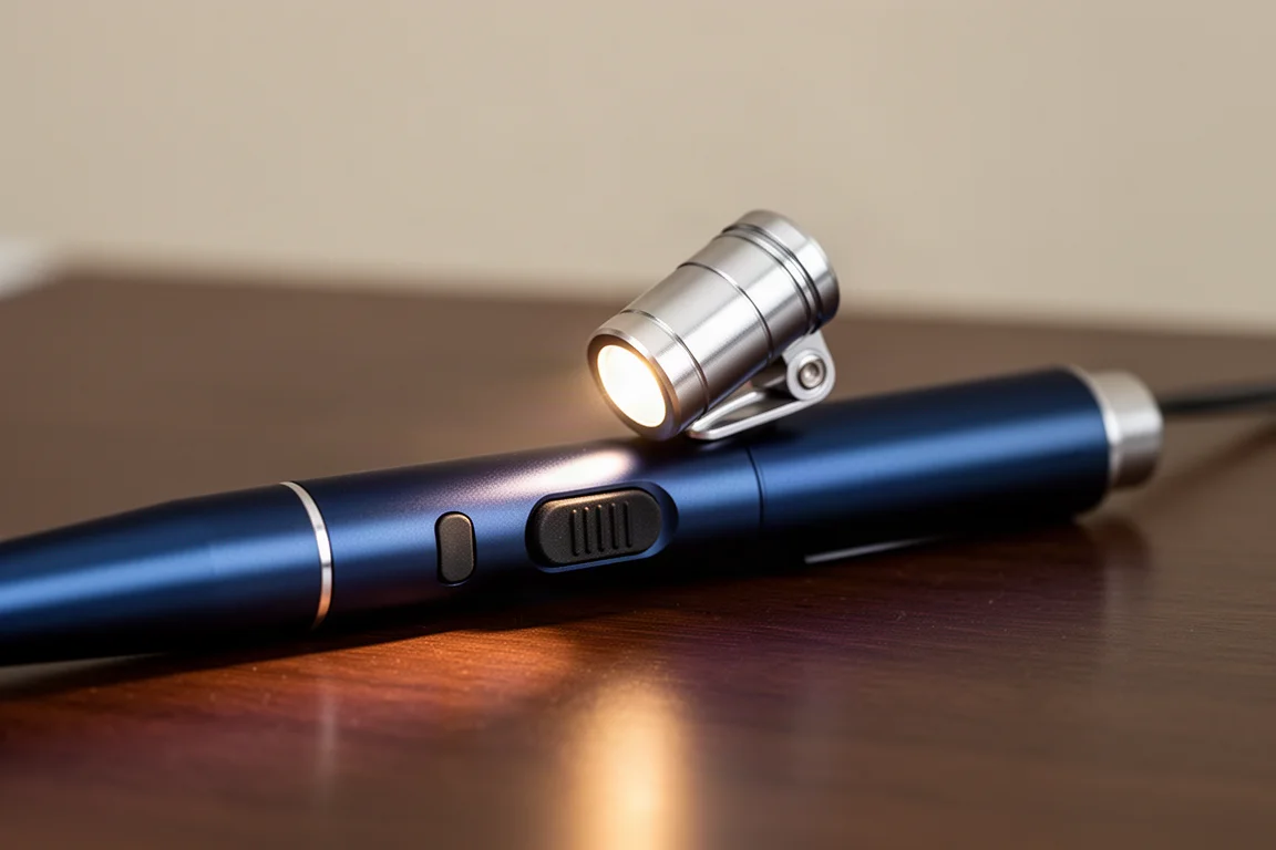 Caneta recarregável com cabeça de LED articulada emitindo um pequeno feixe de luz