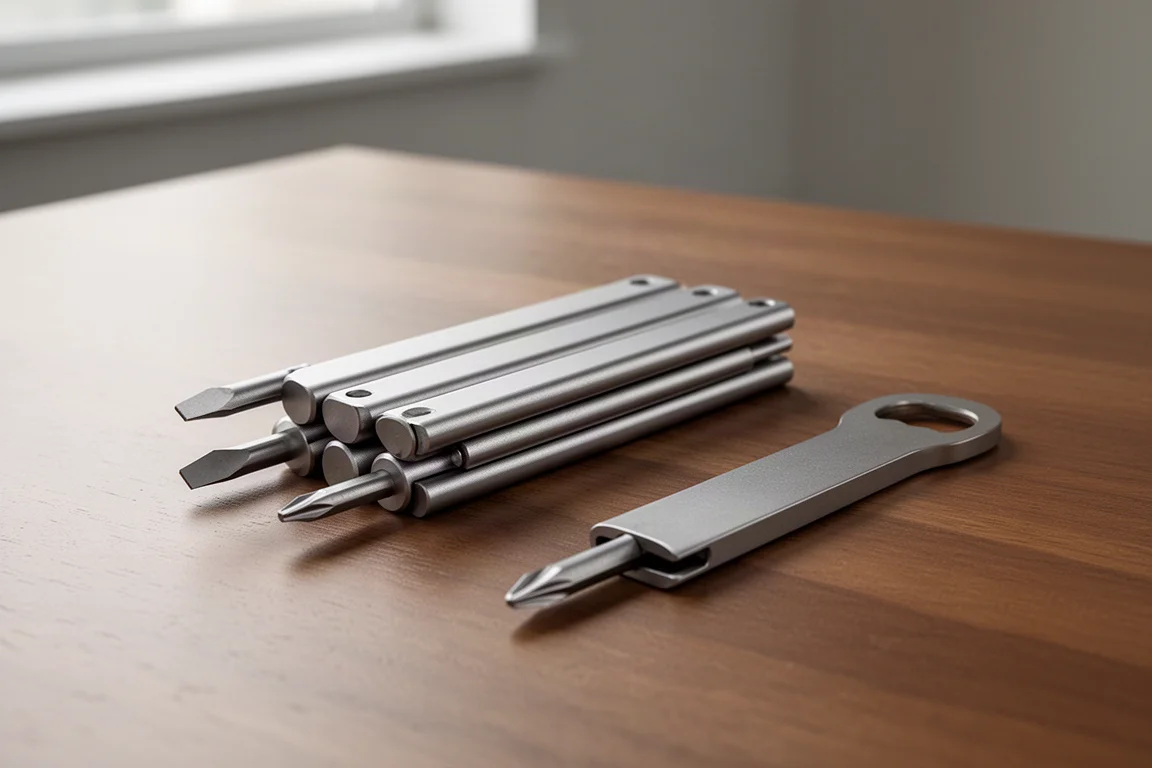 Barras finas de ferramentas de titânio abertas em leque e empilhadas magneticamente sobre uma mesa