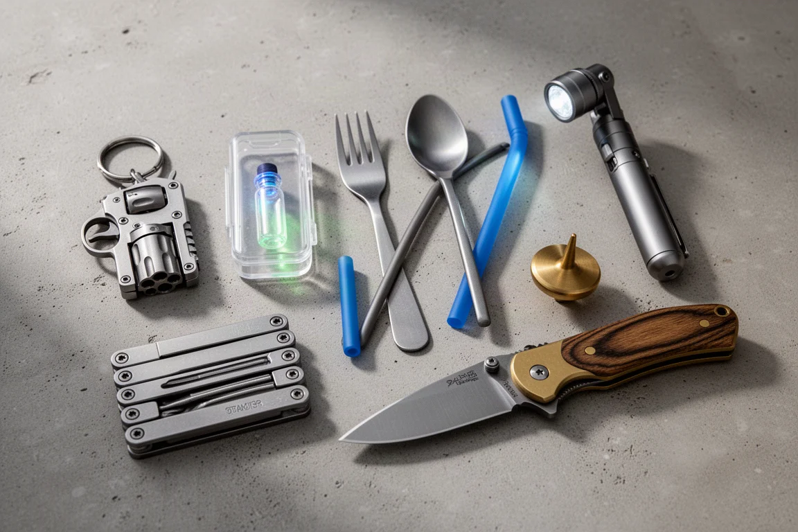 Flat-lay of eight unusual everyday carry items including a titanium multi-tool, glowing vial, pen with light, and folding knife
