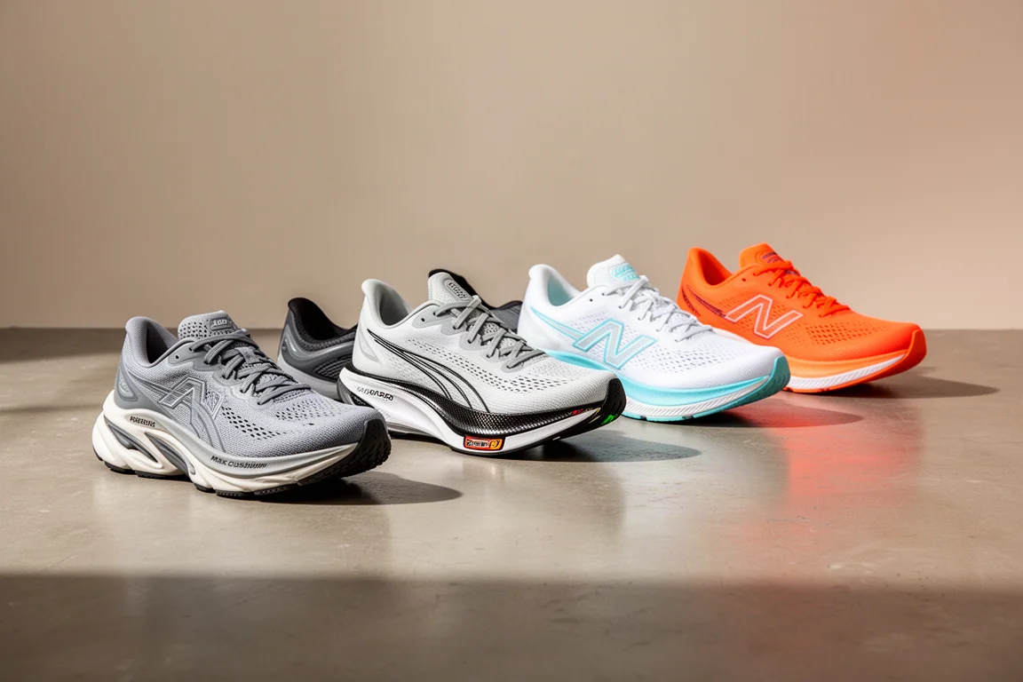 Lineup of eight varied running shoes on a matte concrete studio floor