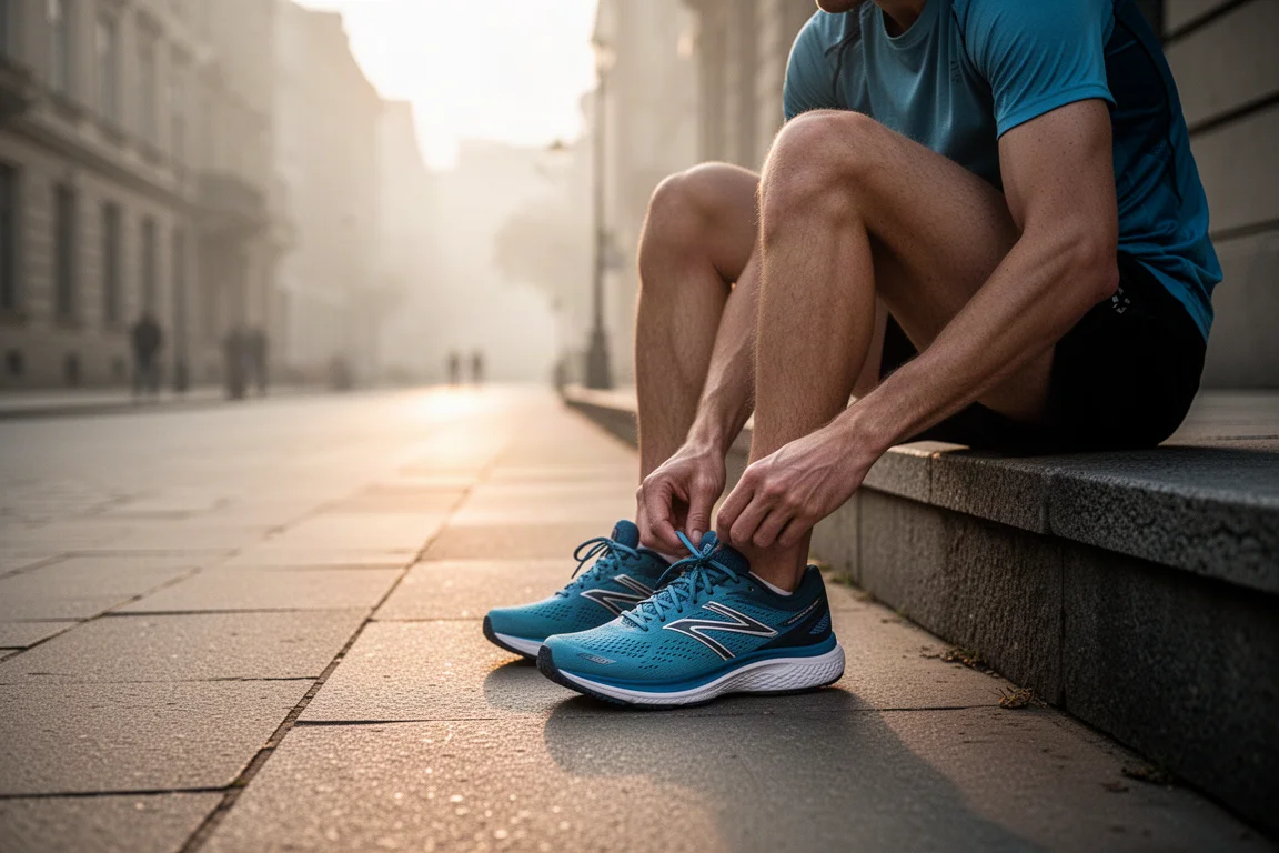 Runner su strada che allaccia le scarpe da running all'alba in una strada silenziosa