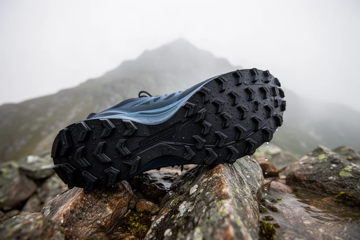Suola di una scarpa trail con tasselli profondi su terreno montano roccioso