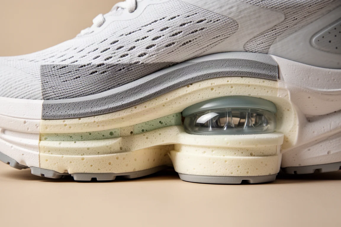 Primo piano della suola intermedia di una scarpa da allenamento con strati di schiuma e unità del tallone