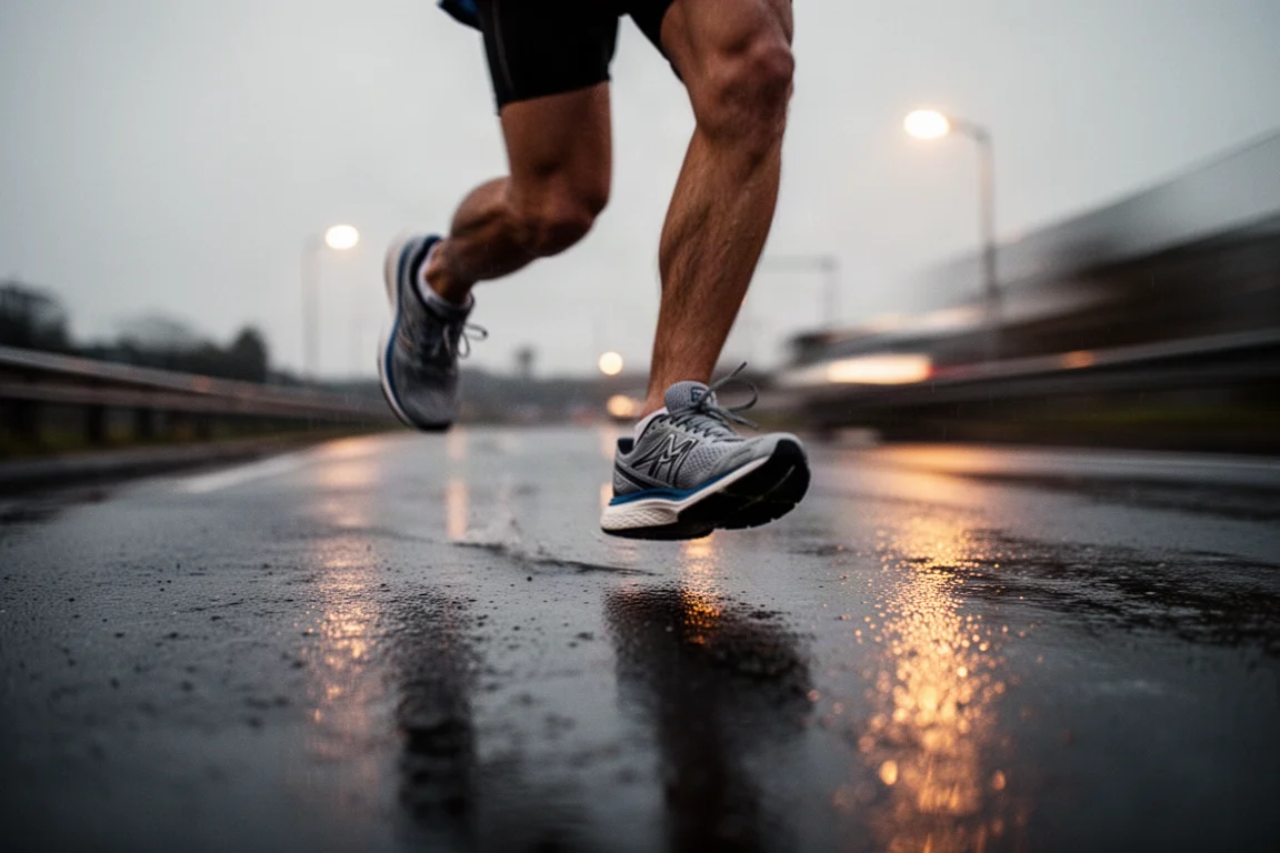 Piedi di un runner a metà falcata su asfalto bagnato al tramonto