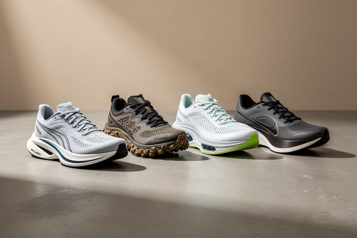 Four running shoes arranged in a row on a concrete surface