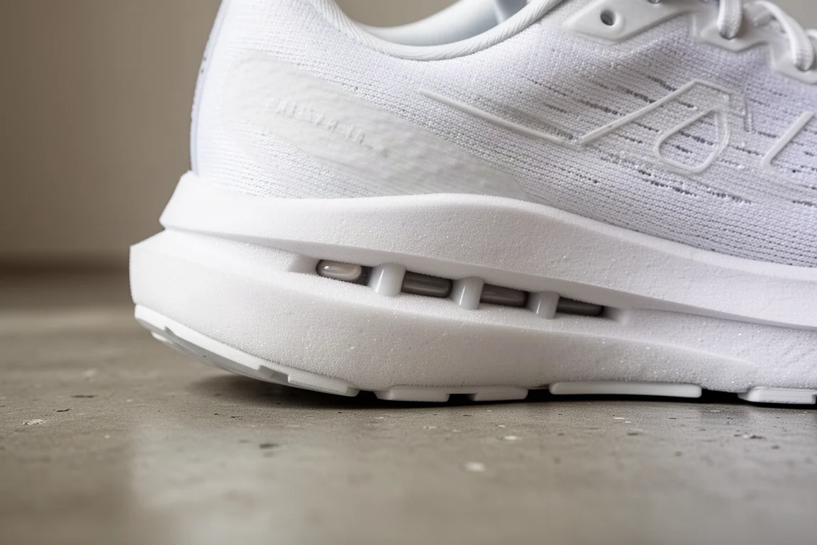 Zbliżenie na piankę śródstopia buta do biegania pokazującą kompresję amortyzacji