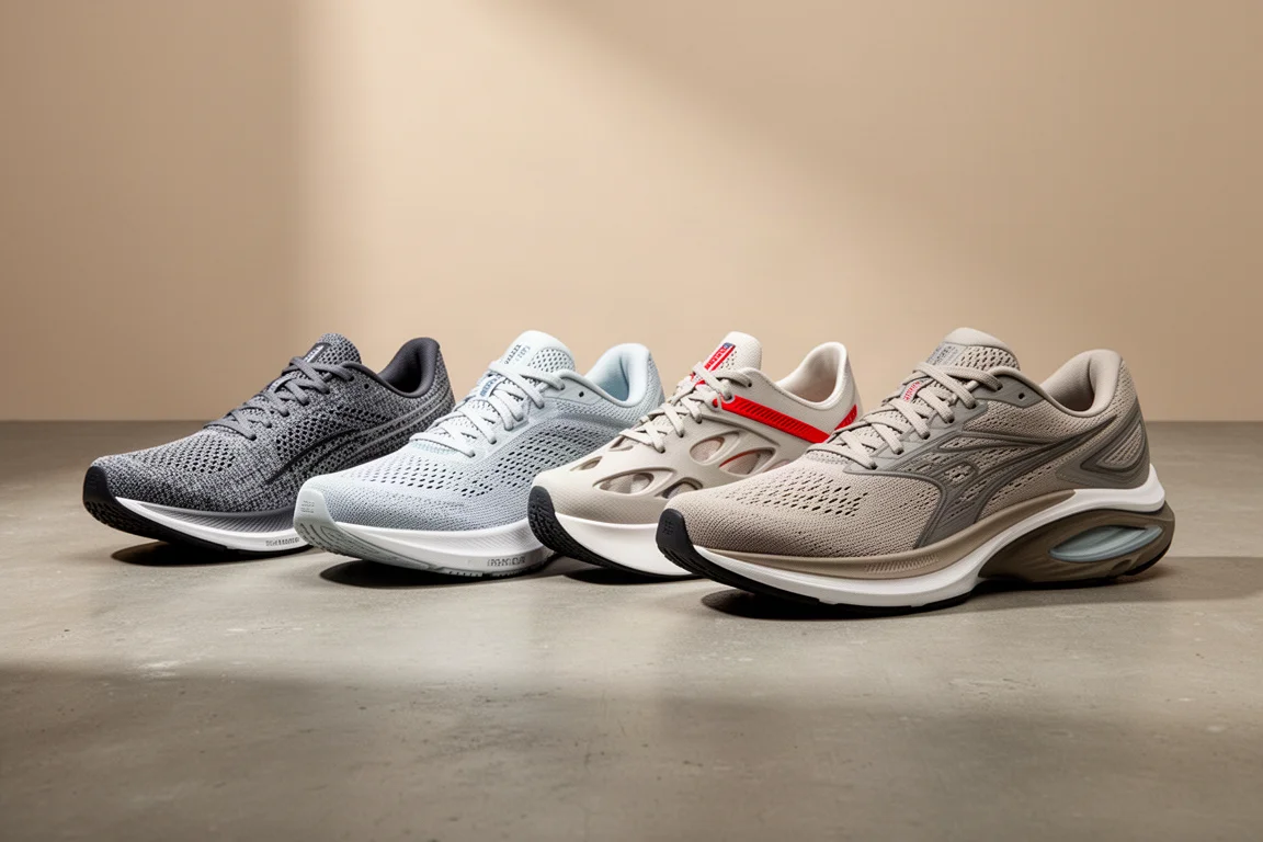 Four running shoes lined up on a concrete surface in soft studio light