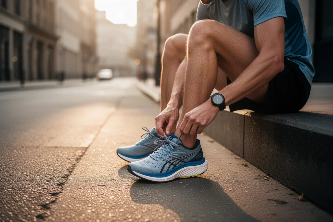 Runner lacing up a high-stack running shoe on a city street at dawn