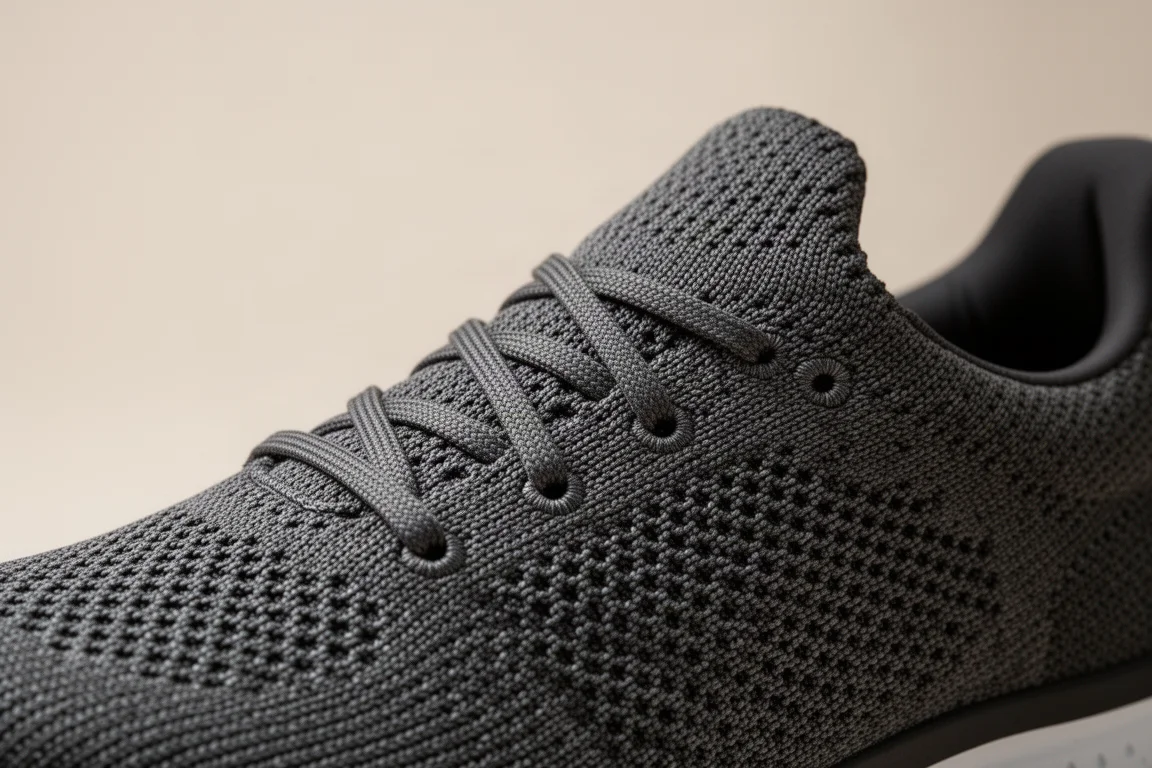 Close-up of a knit running shoe upper showing lace loops