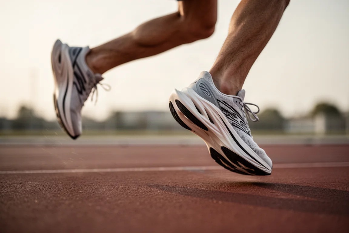 Runner's feet mid-stride on a track wearing racing shoes