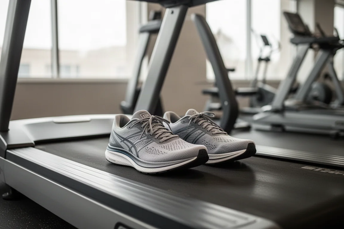 Treadmill session in a gym with tempo-running shoes in focus