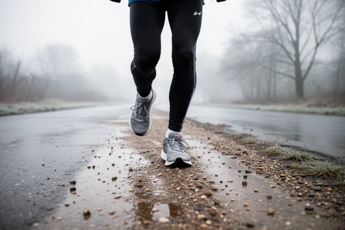 Runner che si avvia su un sentiero ghiaioso bagnato in una fredda mattina d'inverno