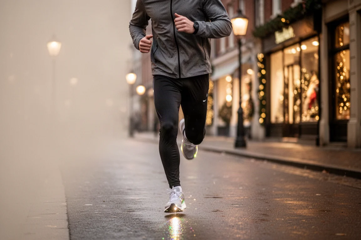 Runner che corre con un jogging in una strada cittadina illuminata di sera