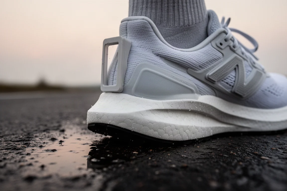 Primo piano del tacco di una scarpa da running con intermedio in schiuma spessa sull'asfalto