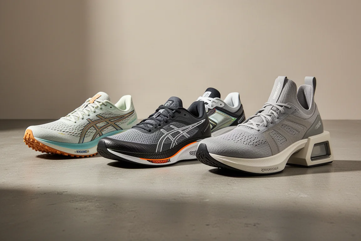 Four running shoes lined up on a concrete studio surface