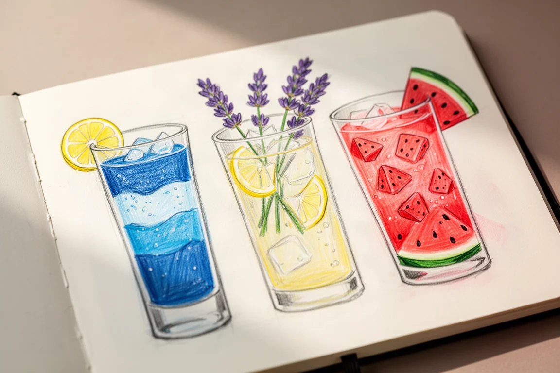 Ilustraciones dibujadas a mano de bebidas coloridas sobre papel texturizado con rotuladores