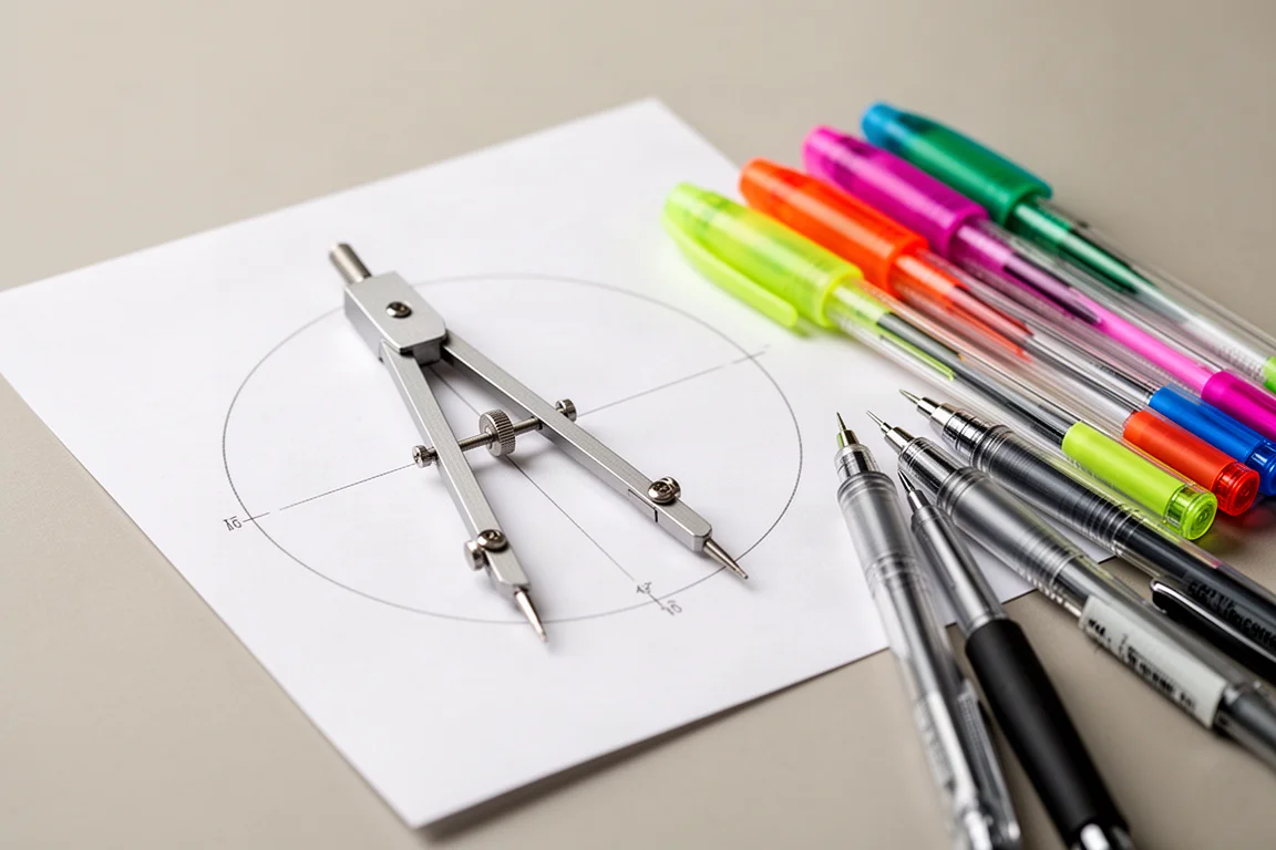 Compás dibujando círculos en papel con bolígrafos de gel coloridos al lado