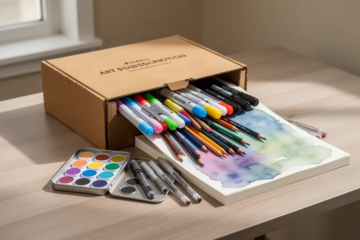 Open art subscription box with markers, crayons, pens, and paper spilling out
