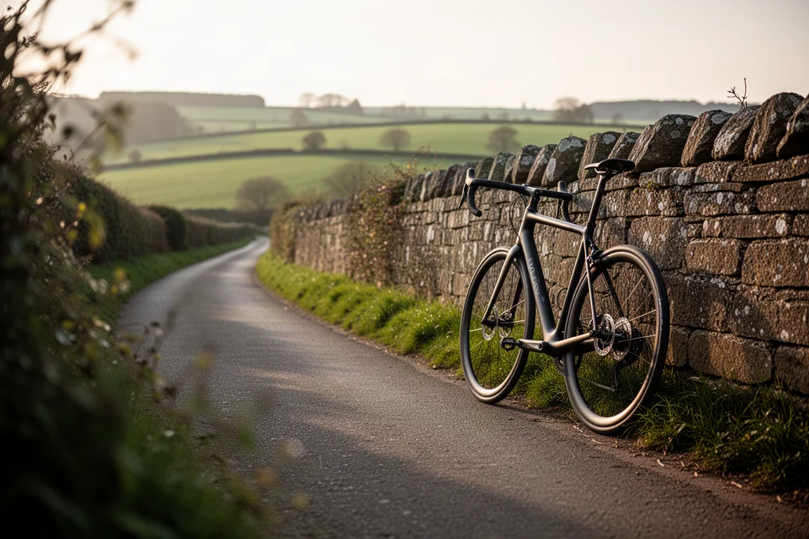 Matte black road bike leaning against a stone wall on a quiet country lane