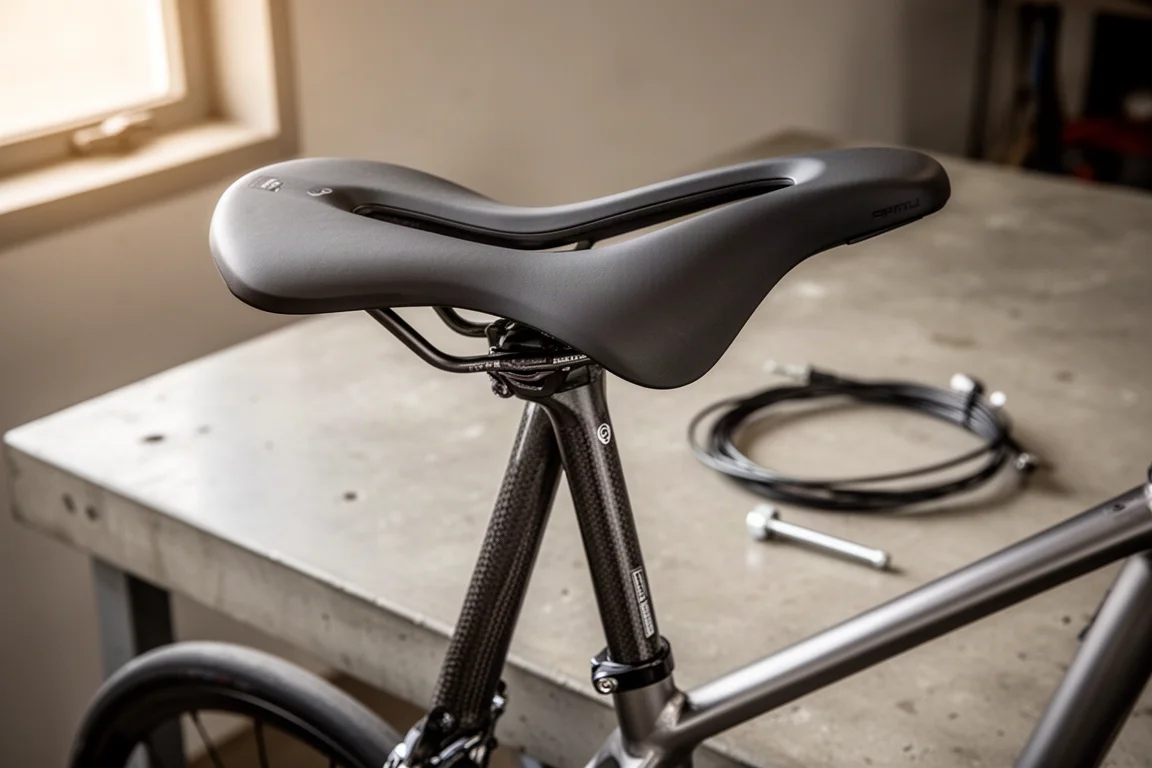 Close-up of a slim road bike saddle with a central pressure relief channel on a workshop bench