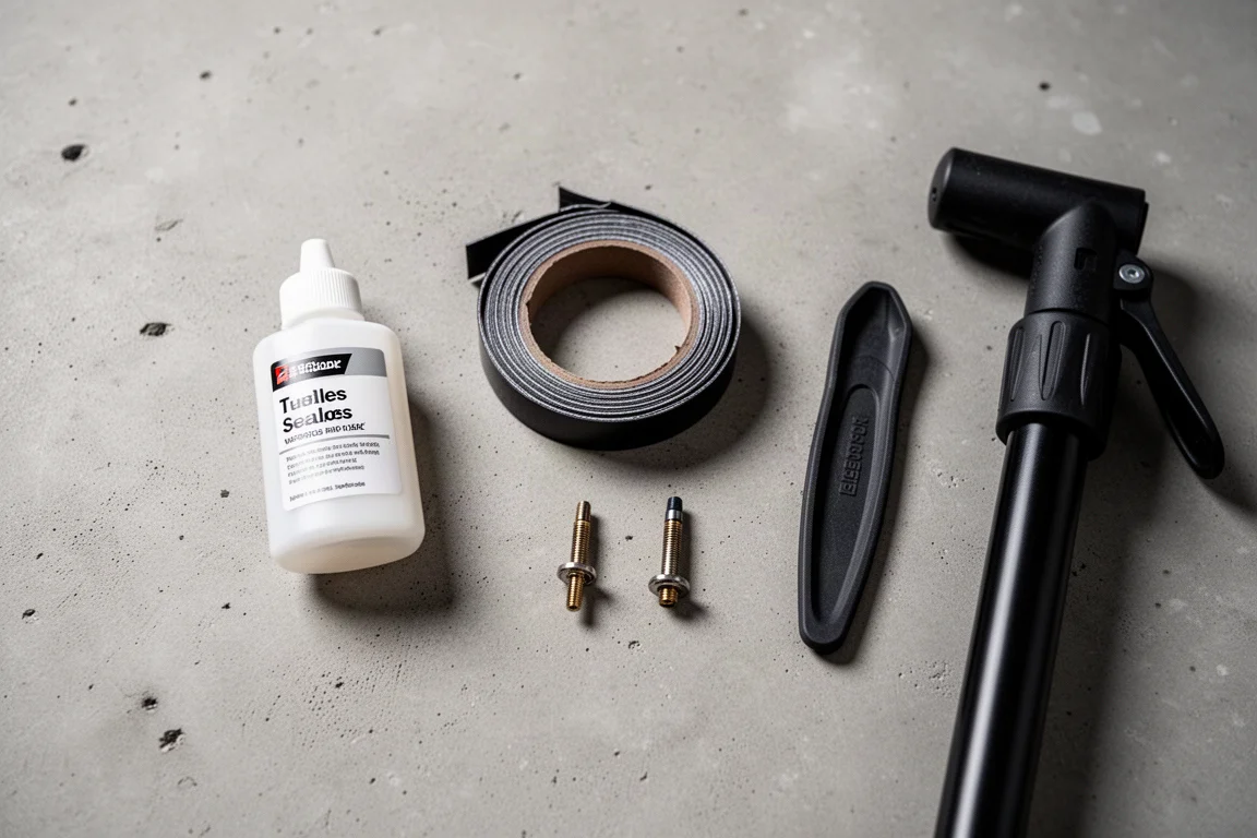 Overhead flat lay of tubeless setup items including sealant, rim tape, valves and a pump