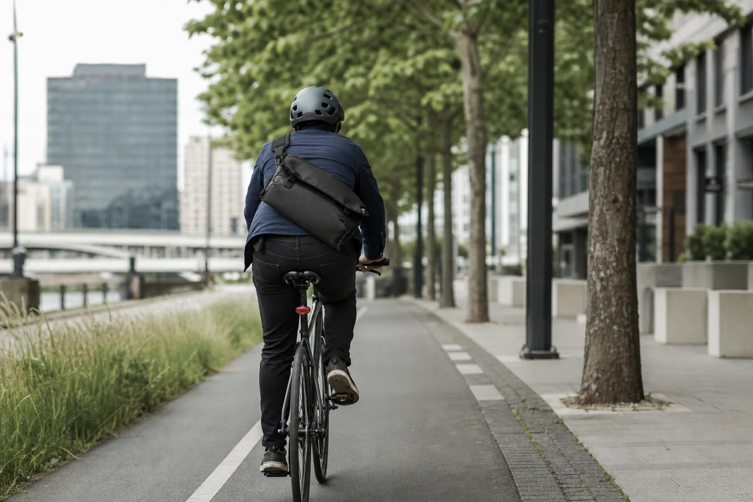 Urban cyclist riding on a bike path with city buildings in background