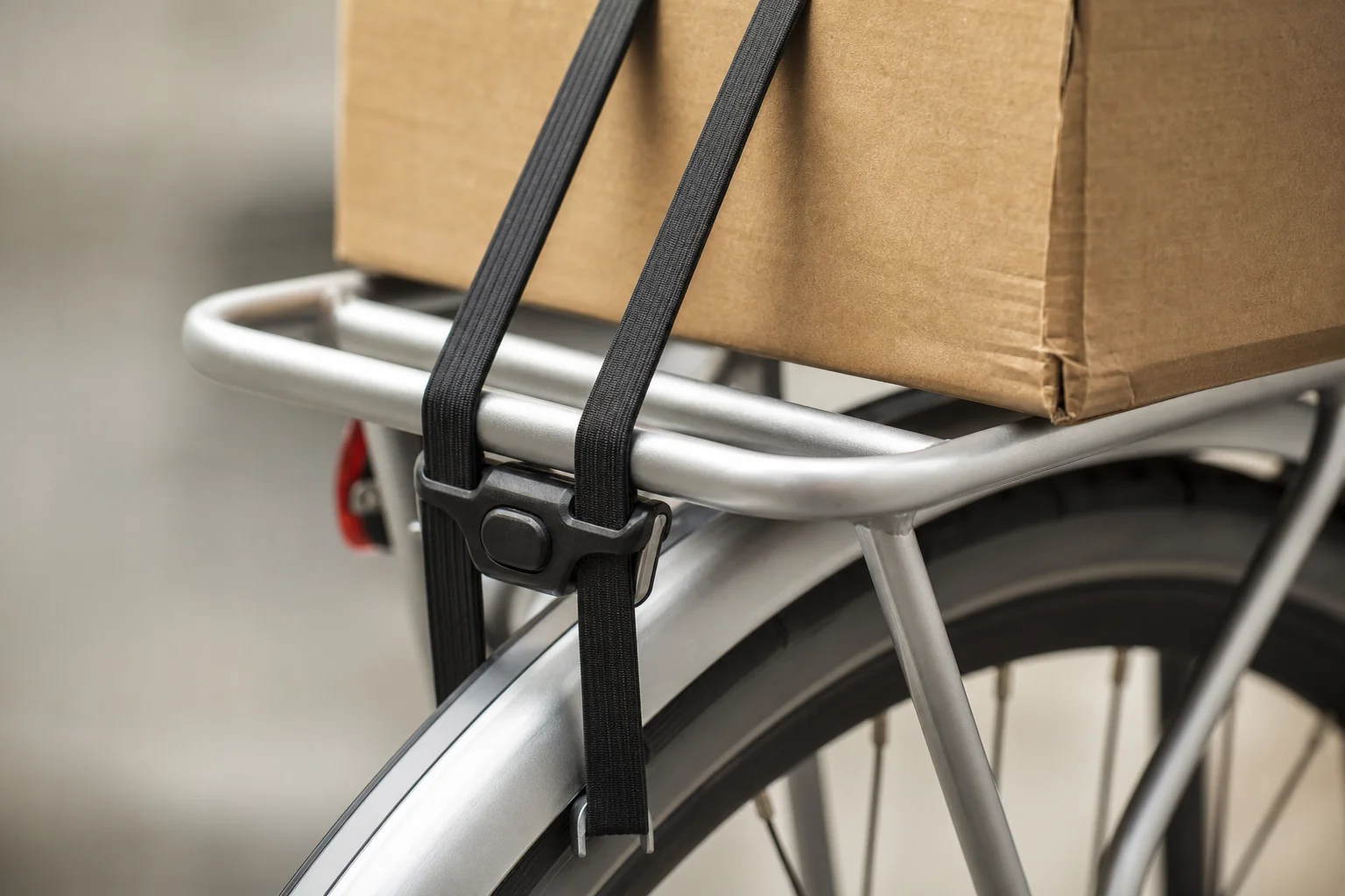 Close-up of a rear bike rack with straps securing a cargo box
