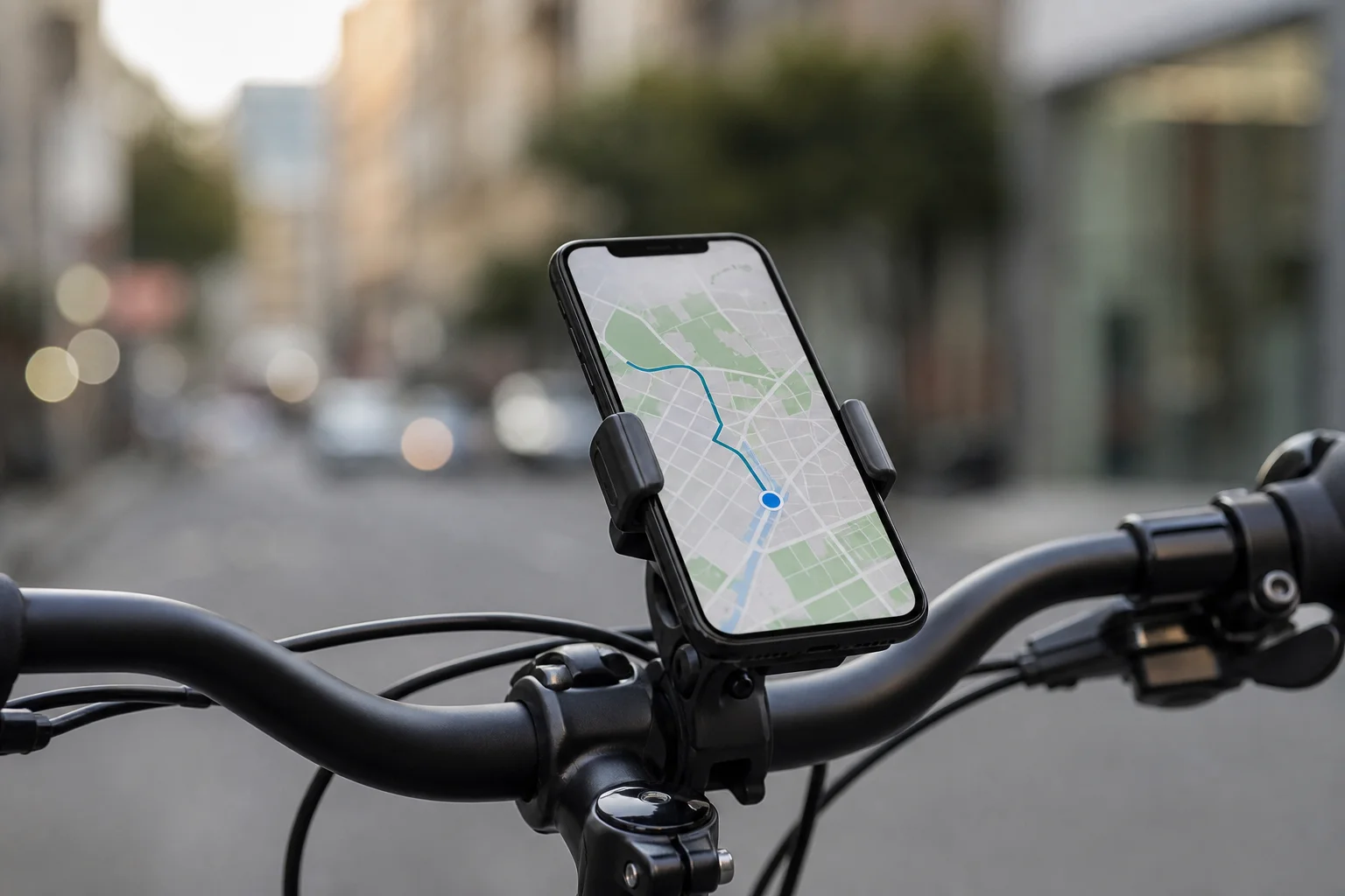 Smartphone mounted on bike handlebars showing navigation map