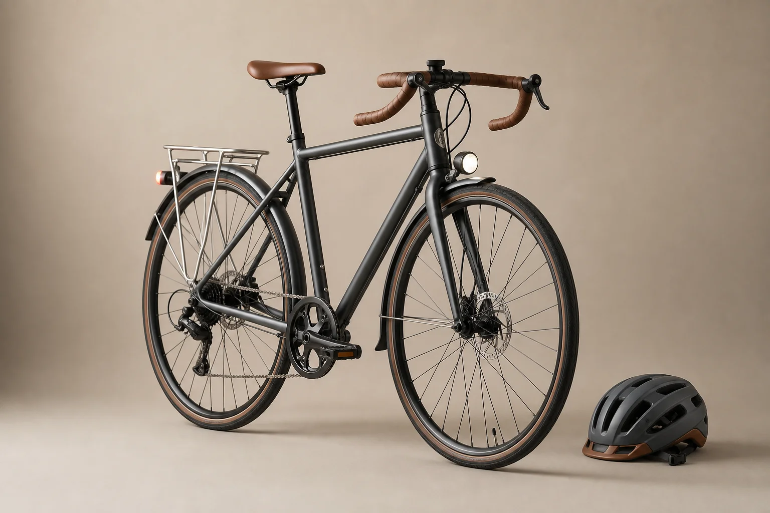 Bicicletta da pendolare urbano con accessori su sfondo neutro