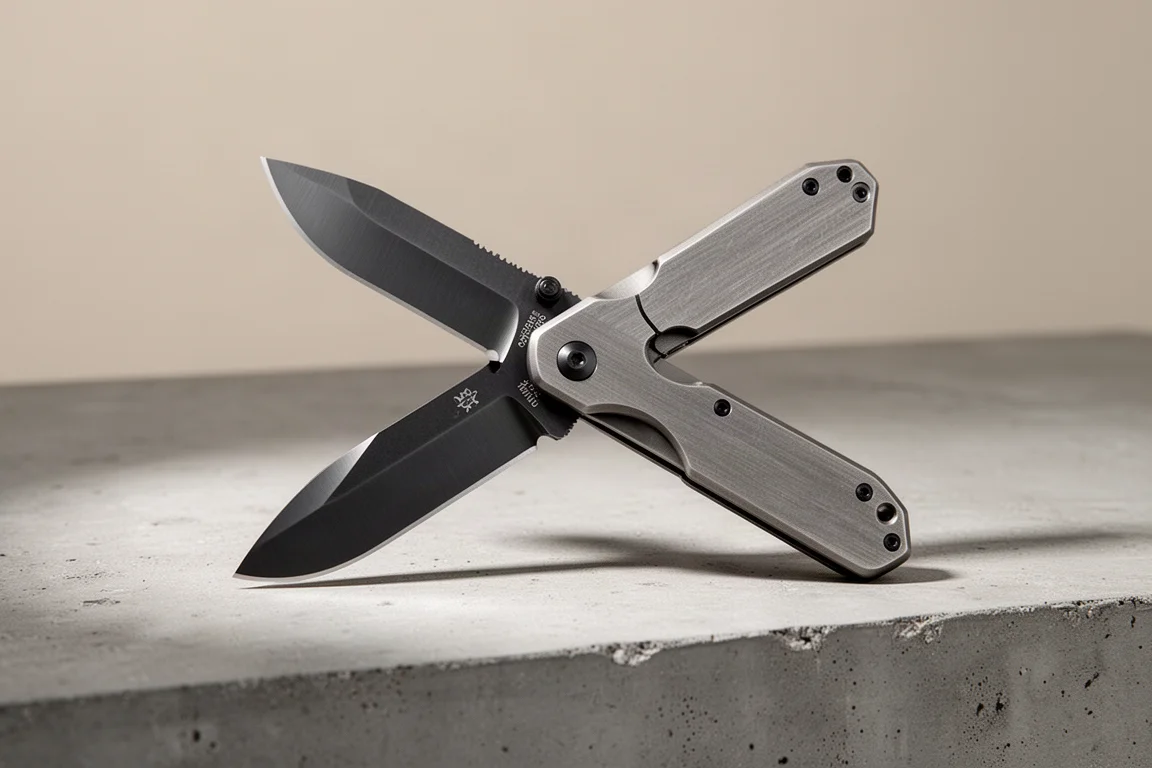 Urban EDC Supply F5.5 folding knife with titanium handles on concrete surface