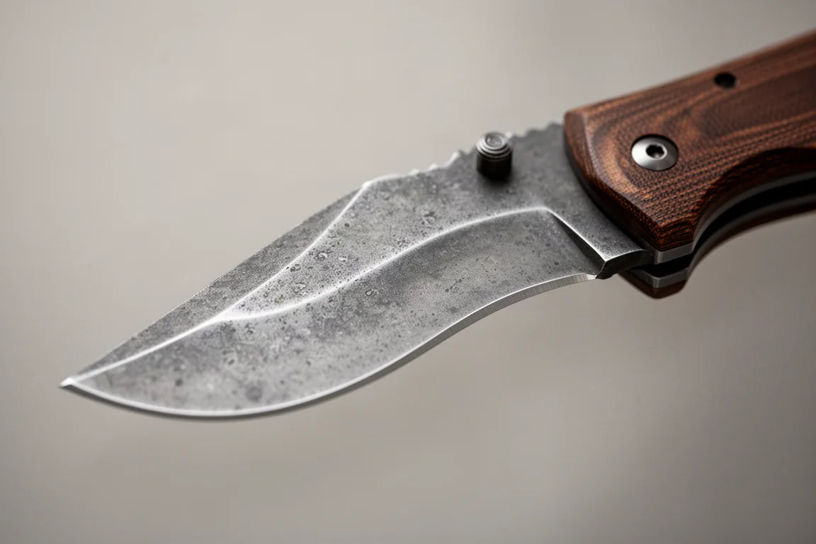 Zbliżenie na ostrze składanego noża inspirowanego kukri z wykończeniem stonewashed na neutralnym tle