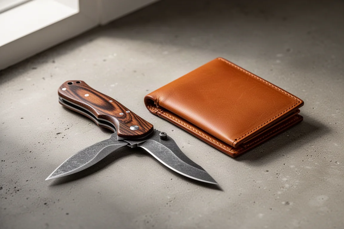 Brown micarta folding knife and tan leather wallet on concrete surface