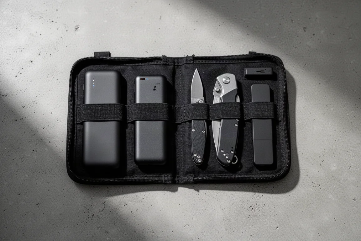 Pochette EDC aperta con i contenuti organizzati in elastici fronteggianti