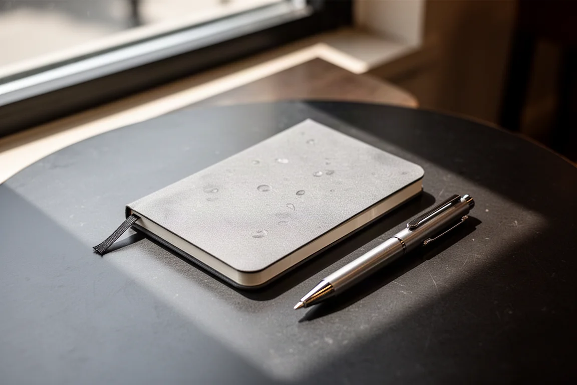 Piccolo taccuino weatherproof e penna appoggiati su un tavolo di caffè