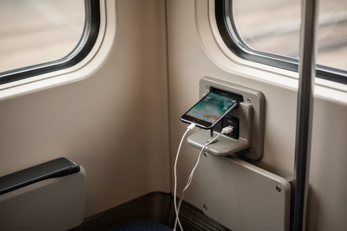 Un pendolare controlla il telefono su un sedile del treno con una presa USB pubblica nelle vicinanze