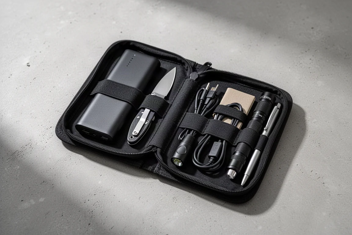 Open compact EDC pouch showing neatly organised tools and accessories on a concrete surface