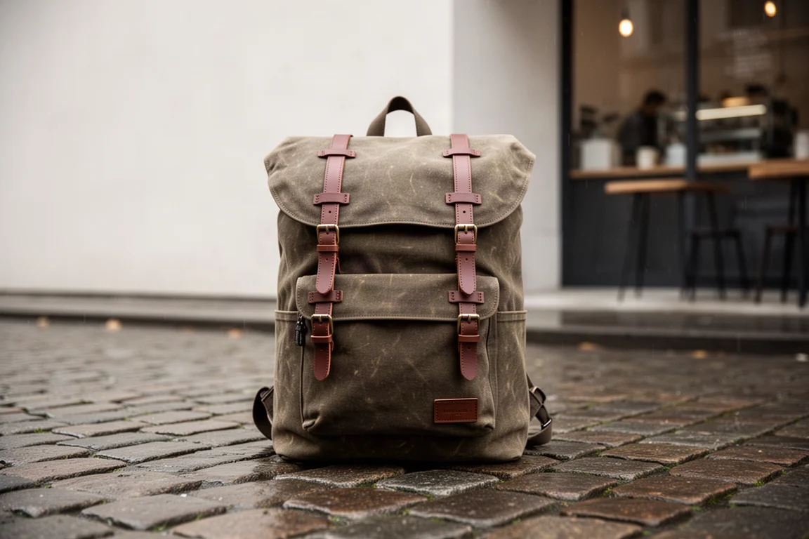 Mochila de algodón encerado apoyada en adoquines frente a un café de la ciudad